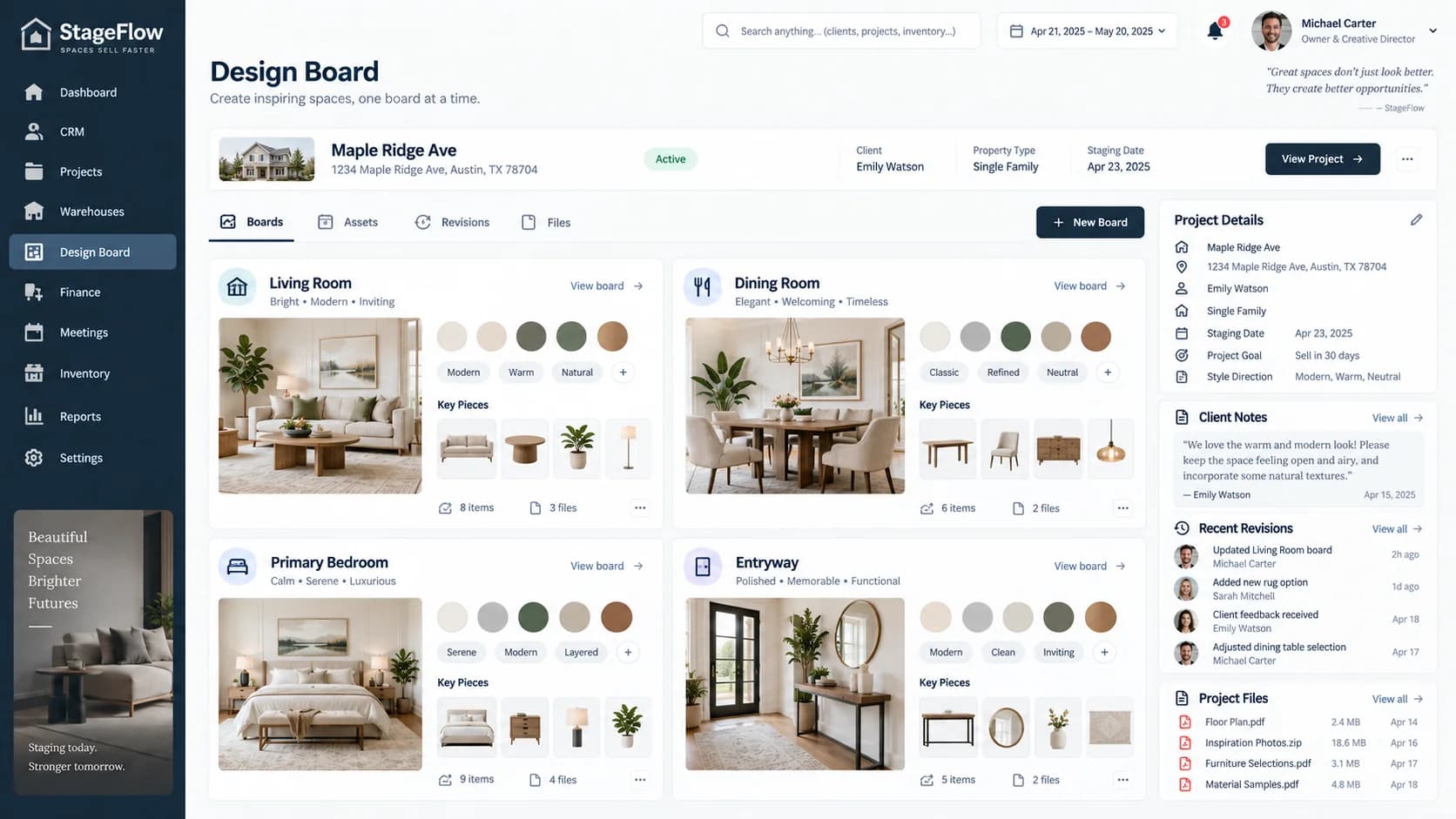 Home staging design board with living room, dining room, bedroom and entryway concepts, furniture selections, files and client feedback