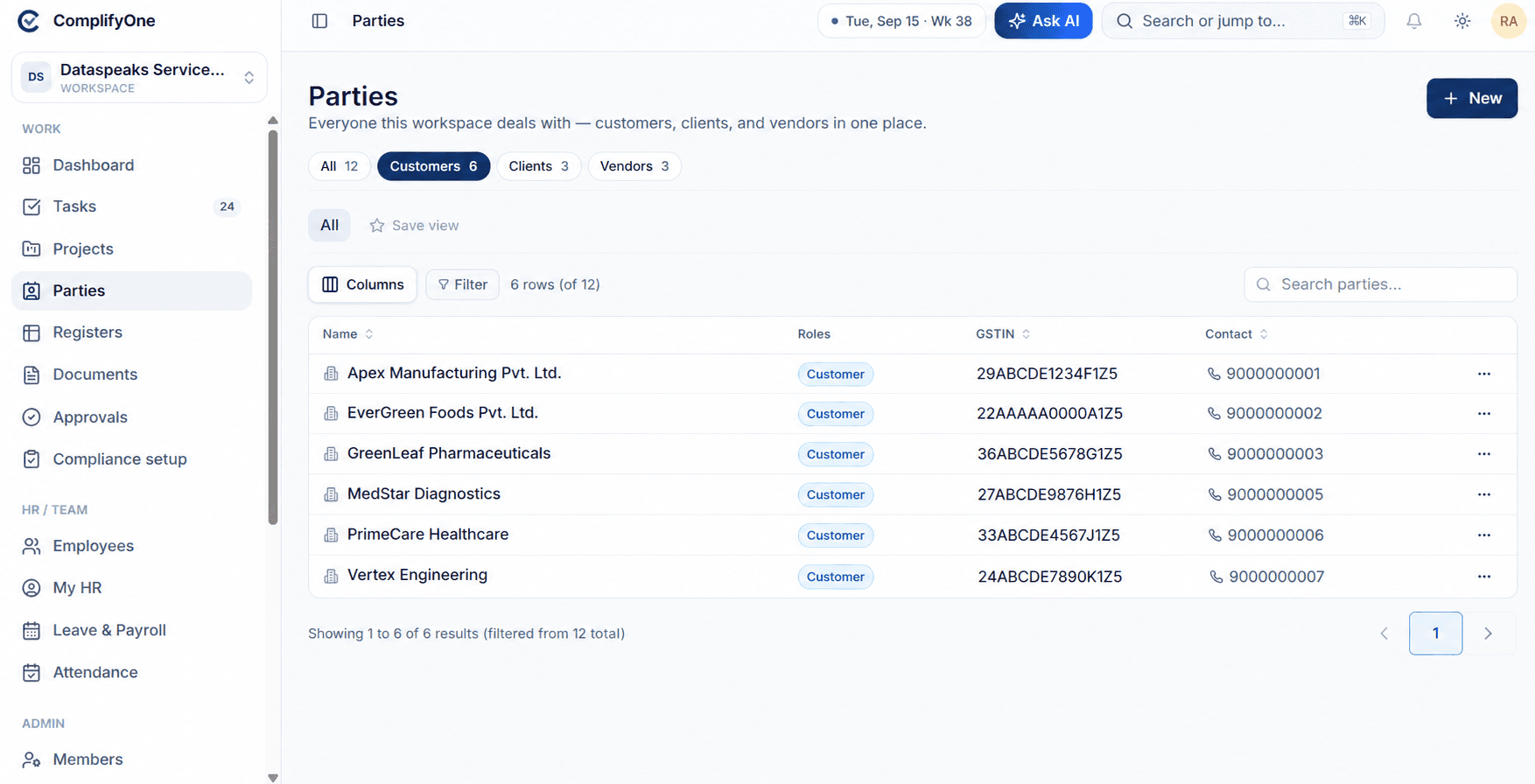 ComplifyOne parties dashboard for customers clients and vendors