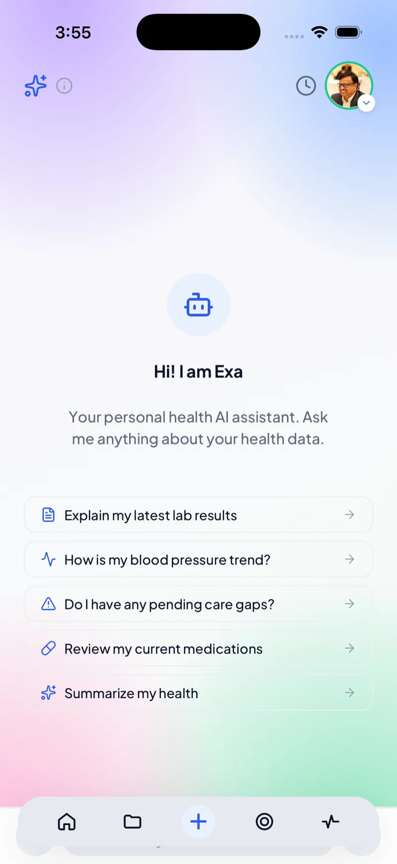 Ask Exa health assistant screen with suggested questions