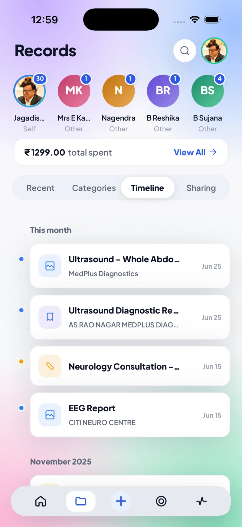 ExaHealth family health records timeline