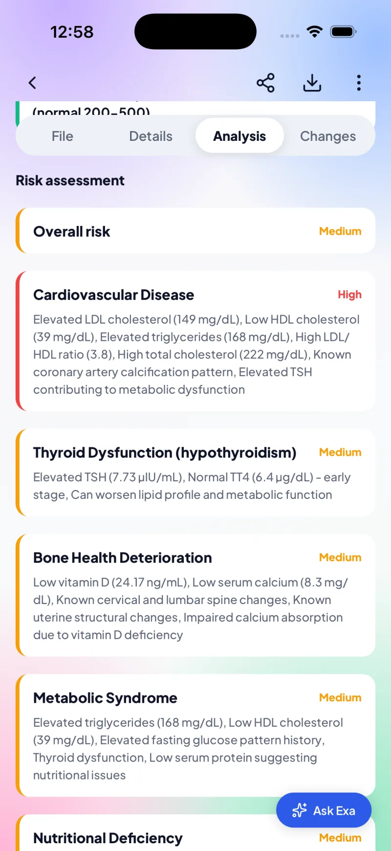 ExaHealth medical report analysis interface